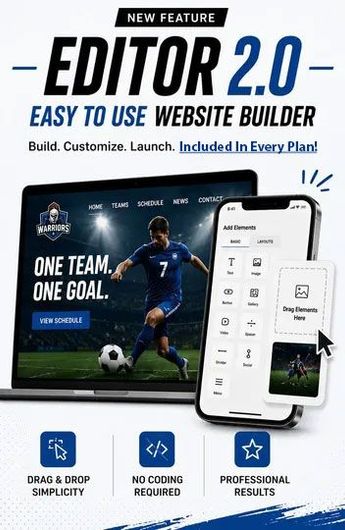 Promotional graphic for Editor 2.0 website builder, with soccer-themed mockup and phone interface.