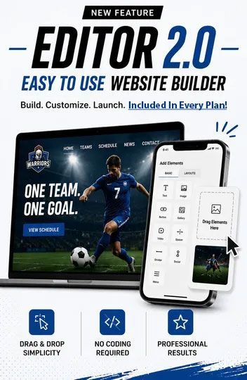 Promotional graphic for Editor 2.0 website builder with soccer theme, showing dashboard and mobile app mockup