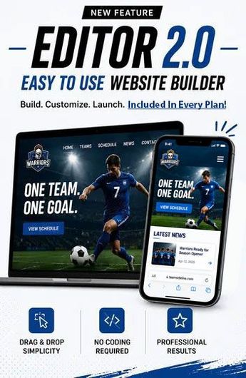 Promotional graphic for Editor 2.0 website builder, with soccer-themed mockup and phone interface.
