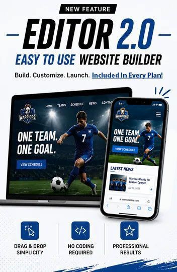 Promotional graphic for Editor 2.0 website builder with soccer theme, showing dashboard and mobile app mockup