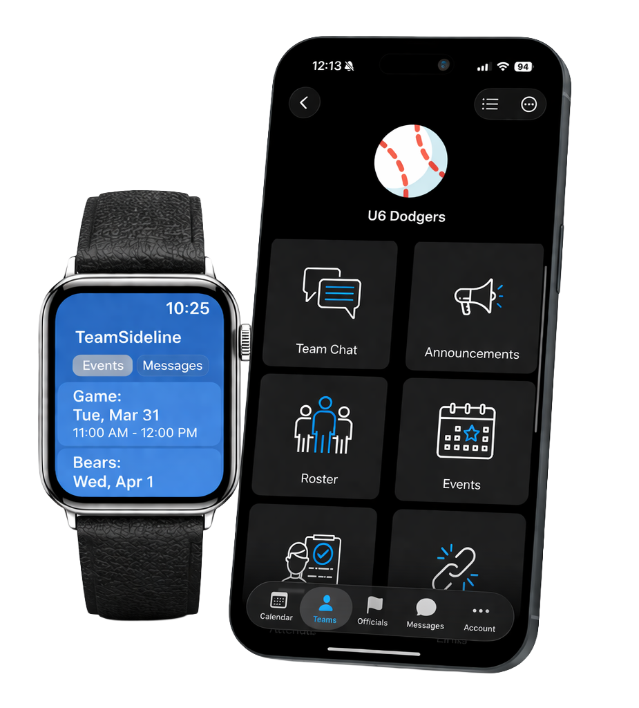 A smartwatch displaying team events next to a smartphone showing the TeamSideline app interface with team management icons.