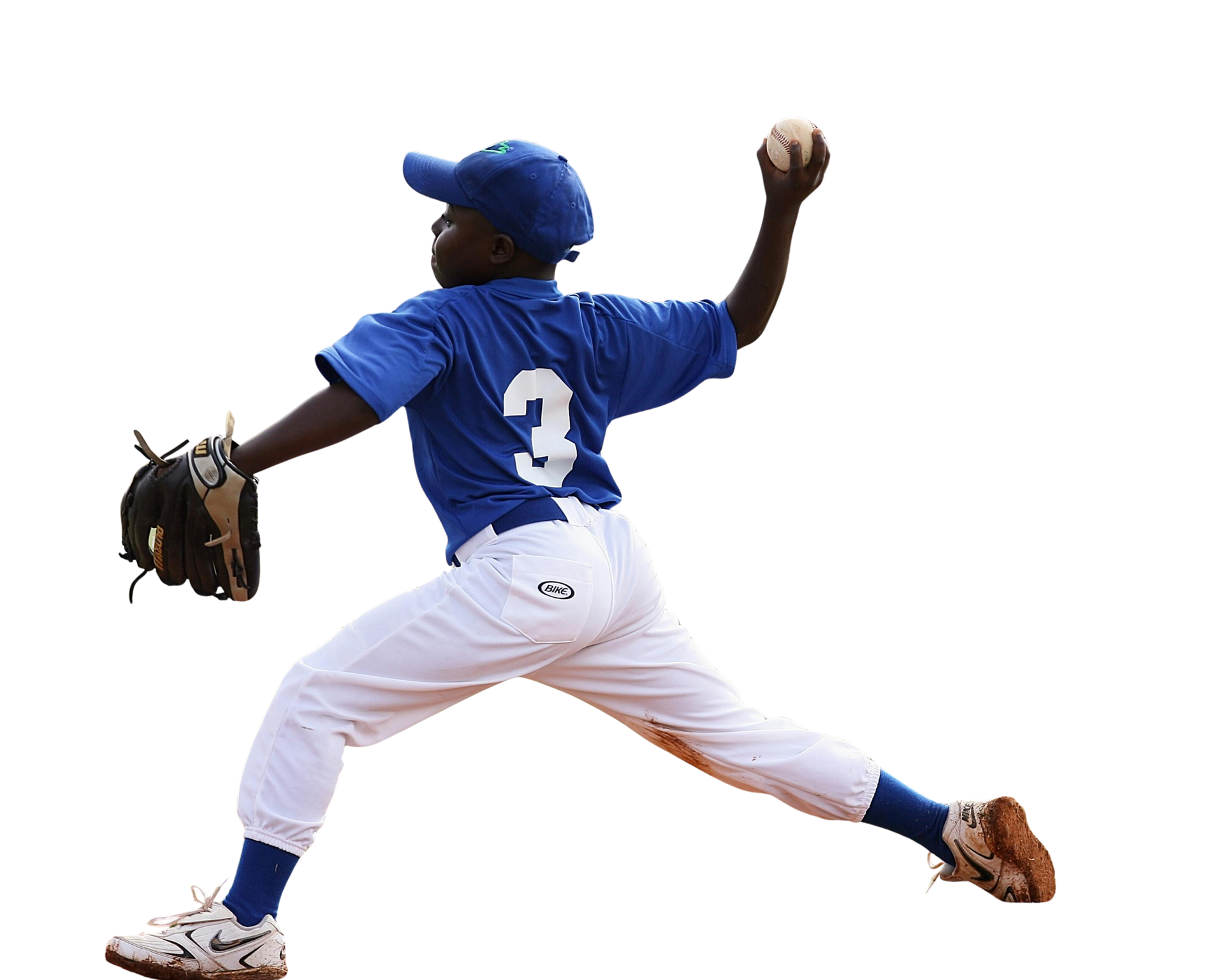 Boy in a blue baseball uniform, pitching a ball. White pants, glove, and hat.