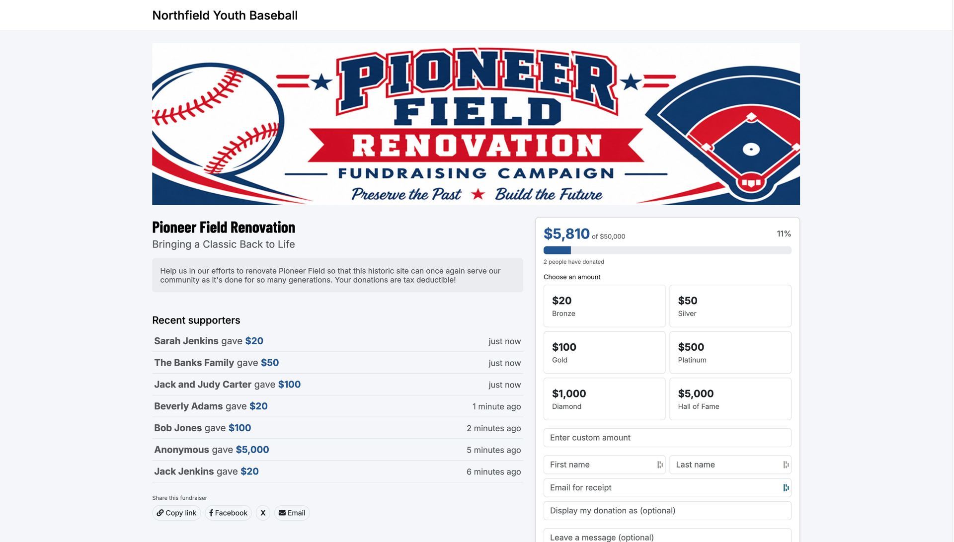 Pioneer Field Renovation donation page with campaign banner, recent supporters and preset donation amounts.