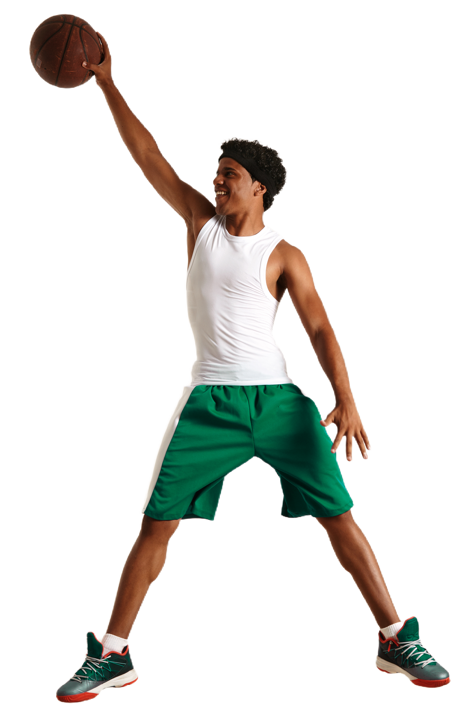 Basketball player jumping with ball, wearing white tank top, green shorts, and headband.