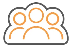 Three people icon inside a cloud shape, orange on white background with a gray outline.
