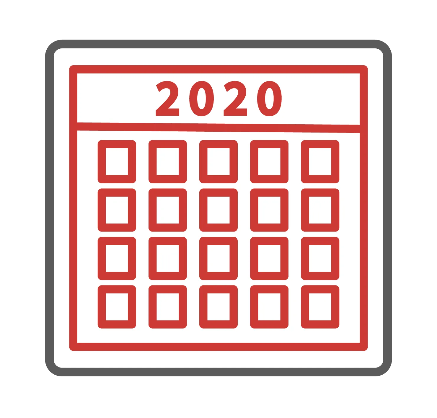 Calendar showing the year 2020 in red within a gray border.