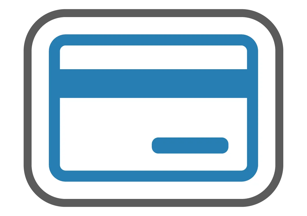 Blue credit card icon with a magnetic stripe.