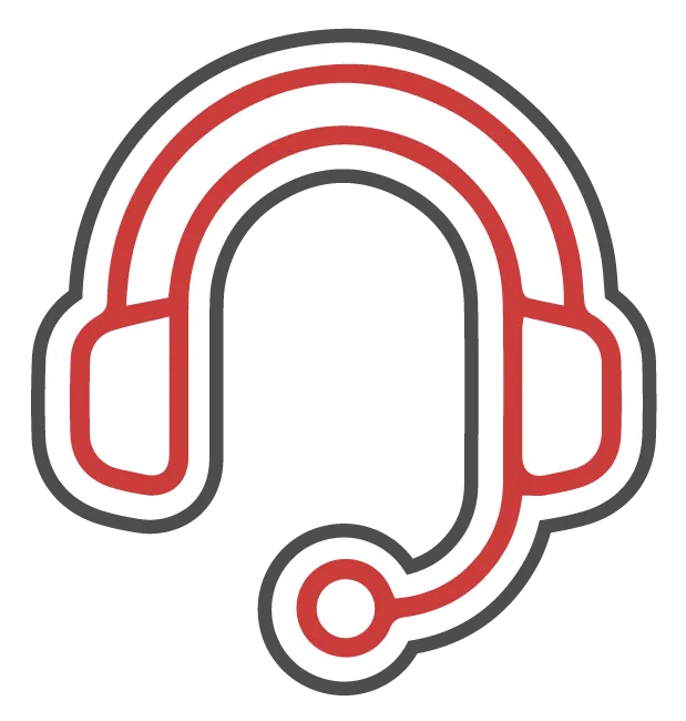 Headset icon with red and gray outline.