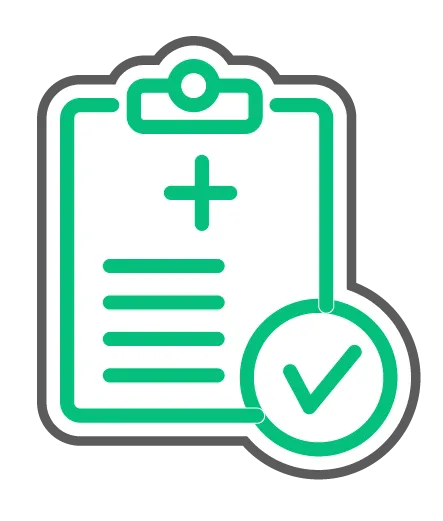 Green clipboard with a plus sign, lines, and a checkmark.