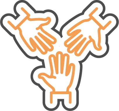 Three hands reaching toward each other in a triangle, orange with a gray outline.