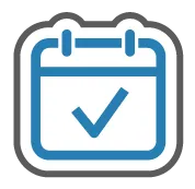 Blue calendar with a checkmark, outlined in white and gray.