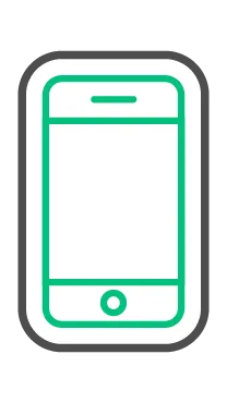 Smartphone icon with a green screen, inside a grey outlined frame.