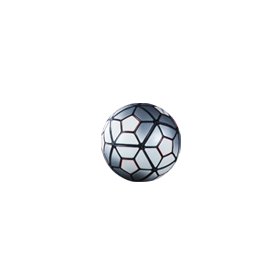 Soccer ball with silver and white panels and red accents.