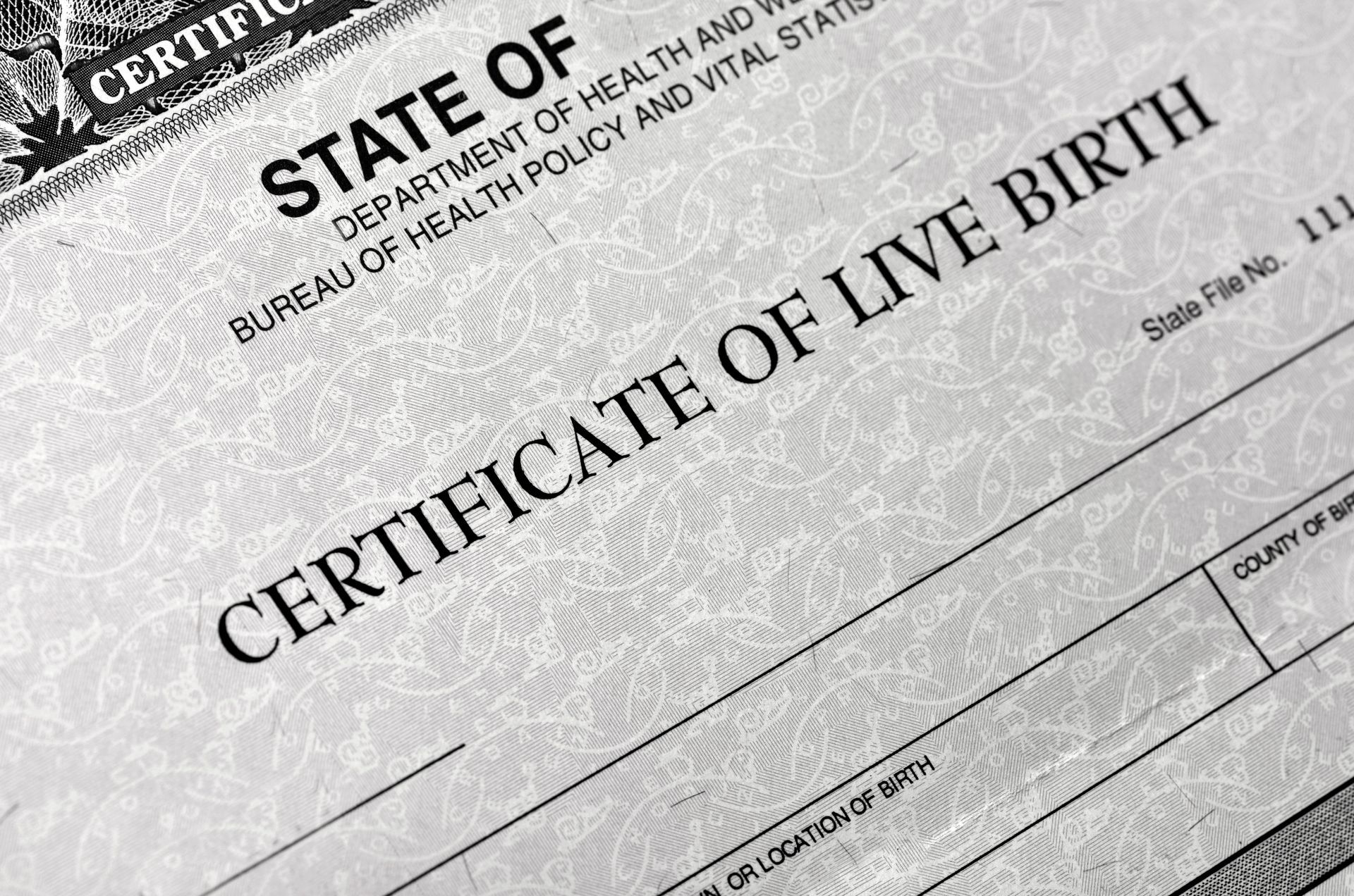 Close-up of a state birth certificate form with bold “CERTIFICATE OF LIVE BIRTH” text.
