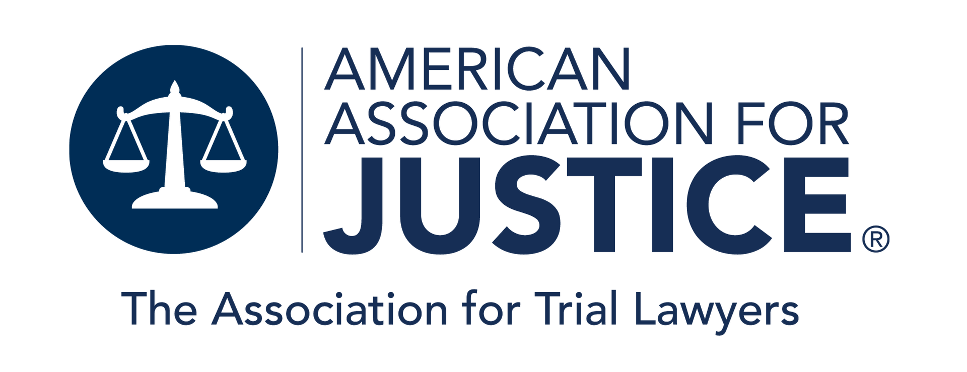Logo for American Association for Justice. Features scales of justice in a blue circle and the text