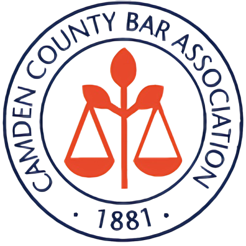 Camden County Bar Association logo: Orange scales of justice, blue text, white background, 1881.