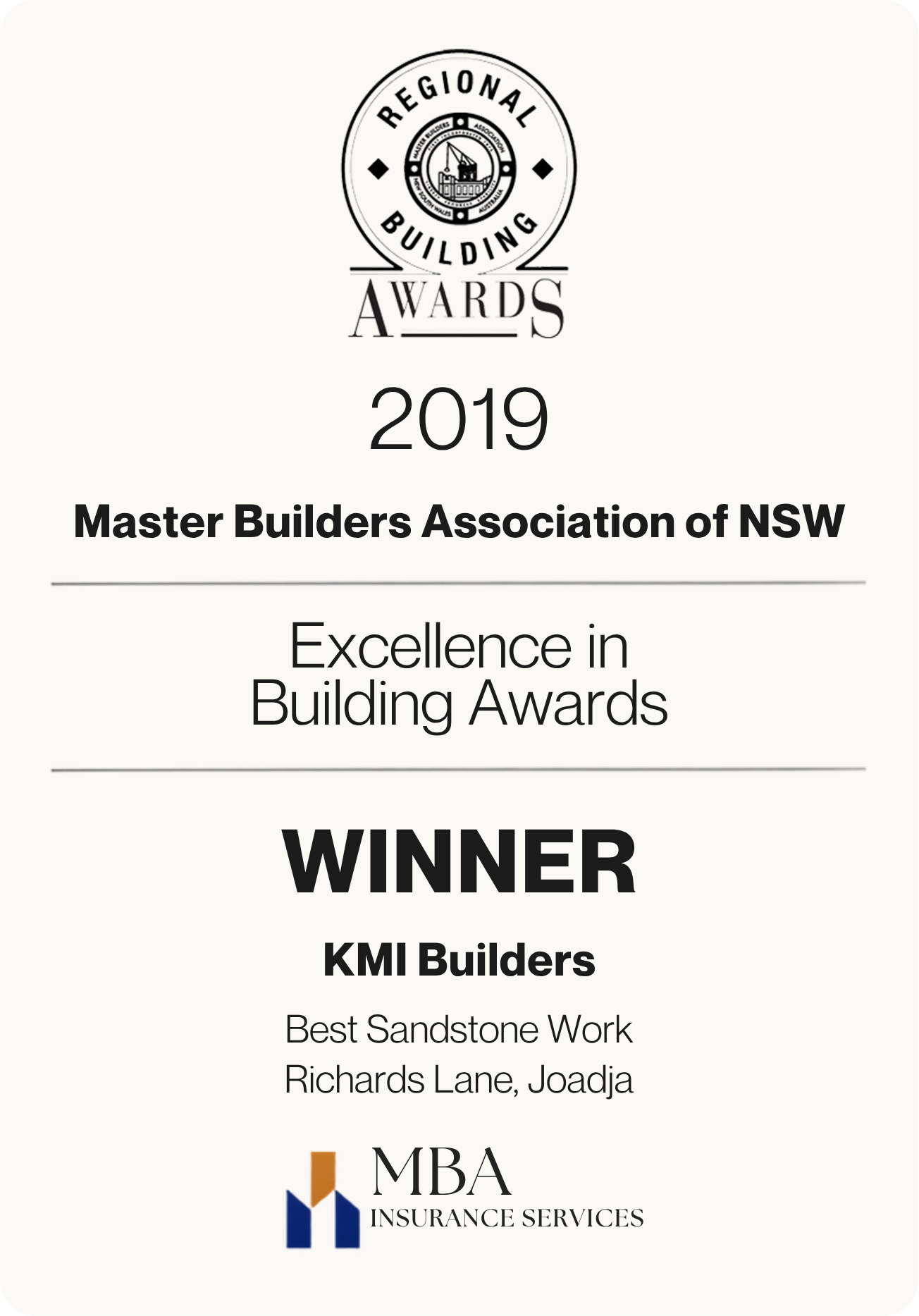 Master Builders Association of NSW Excellence in Building Awards 2019 winner plaque for KMI Builders