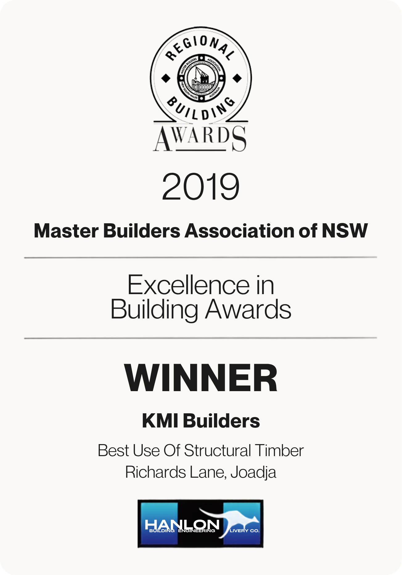 2019 Master Builders Association of NSW Excellence in Building Awards winner for KMI Builders