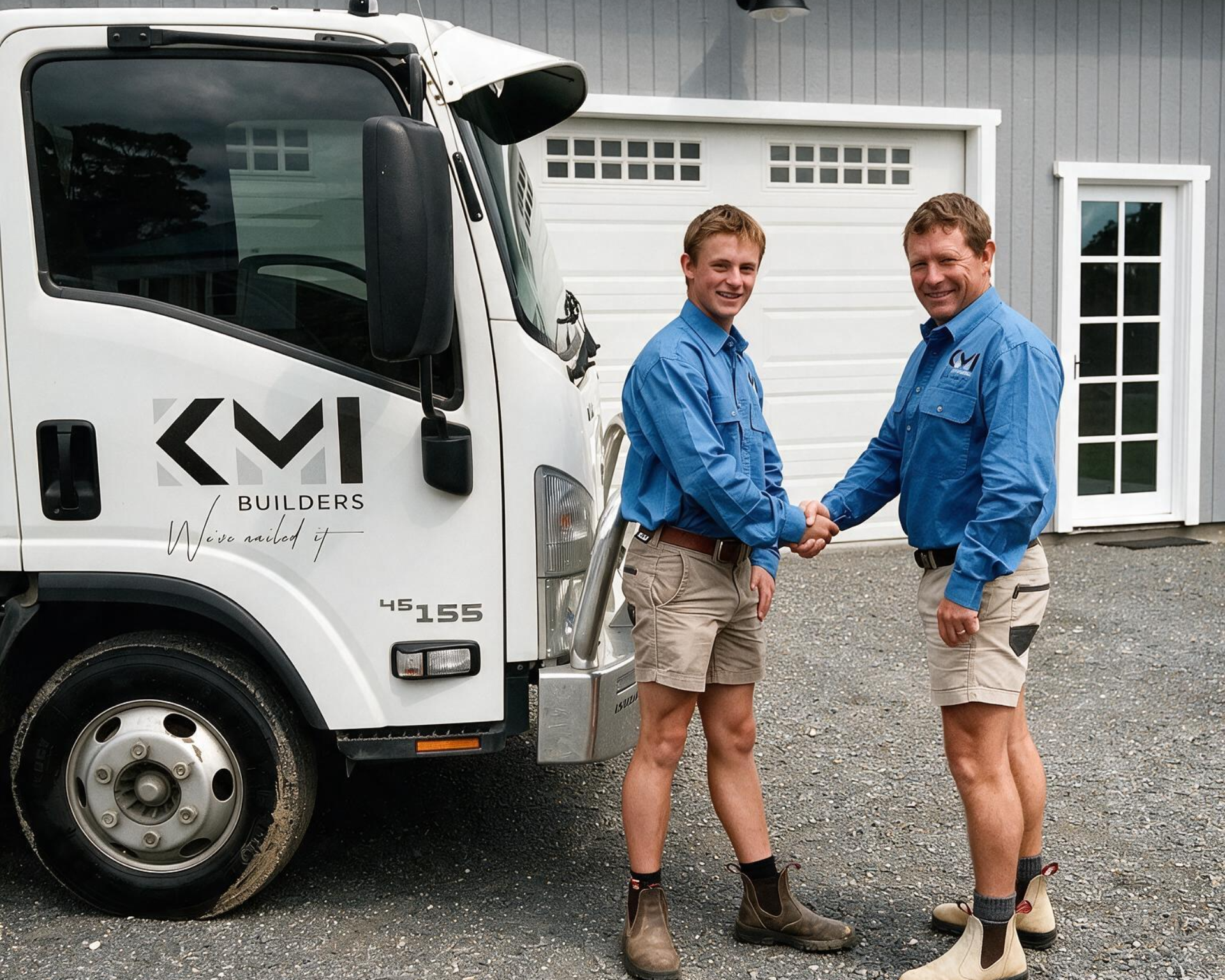 Two men in blue shirts shake hands beside a white truck in front of a building.