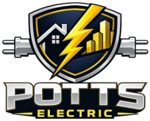 POTTS ELECTRIC logo with shield, lightning bolt, house, and yellow text on black and silver