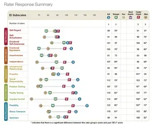 Rater response summary chart with colored icon ratings and score columns across traits.