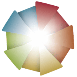 Colorful circular logo with overlapping petal-like shapes around a bright white center