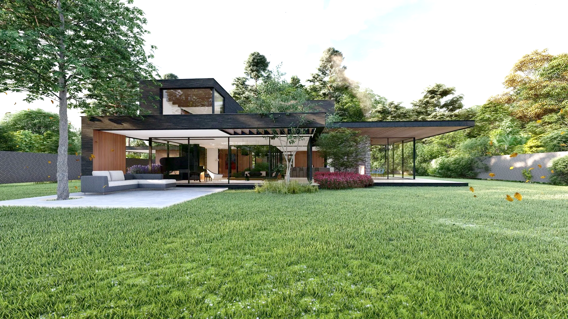 Een modern huis met een groot grasveld ervoor omgeven door bomen.