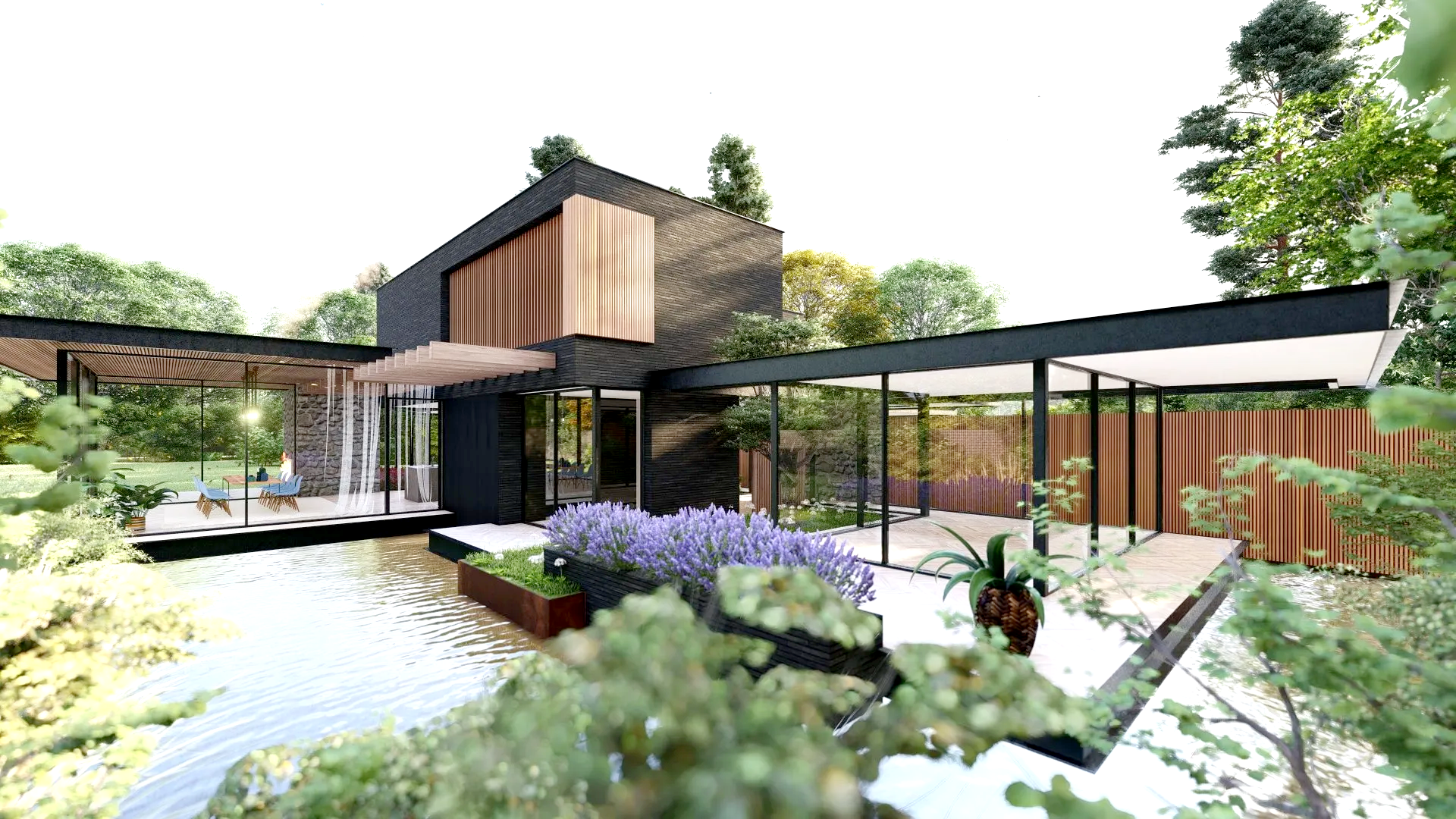 Een artist's impression van een modern huis met een vijver ervoor.