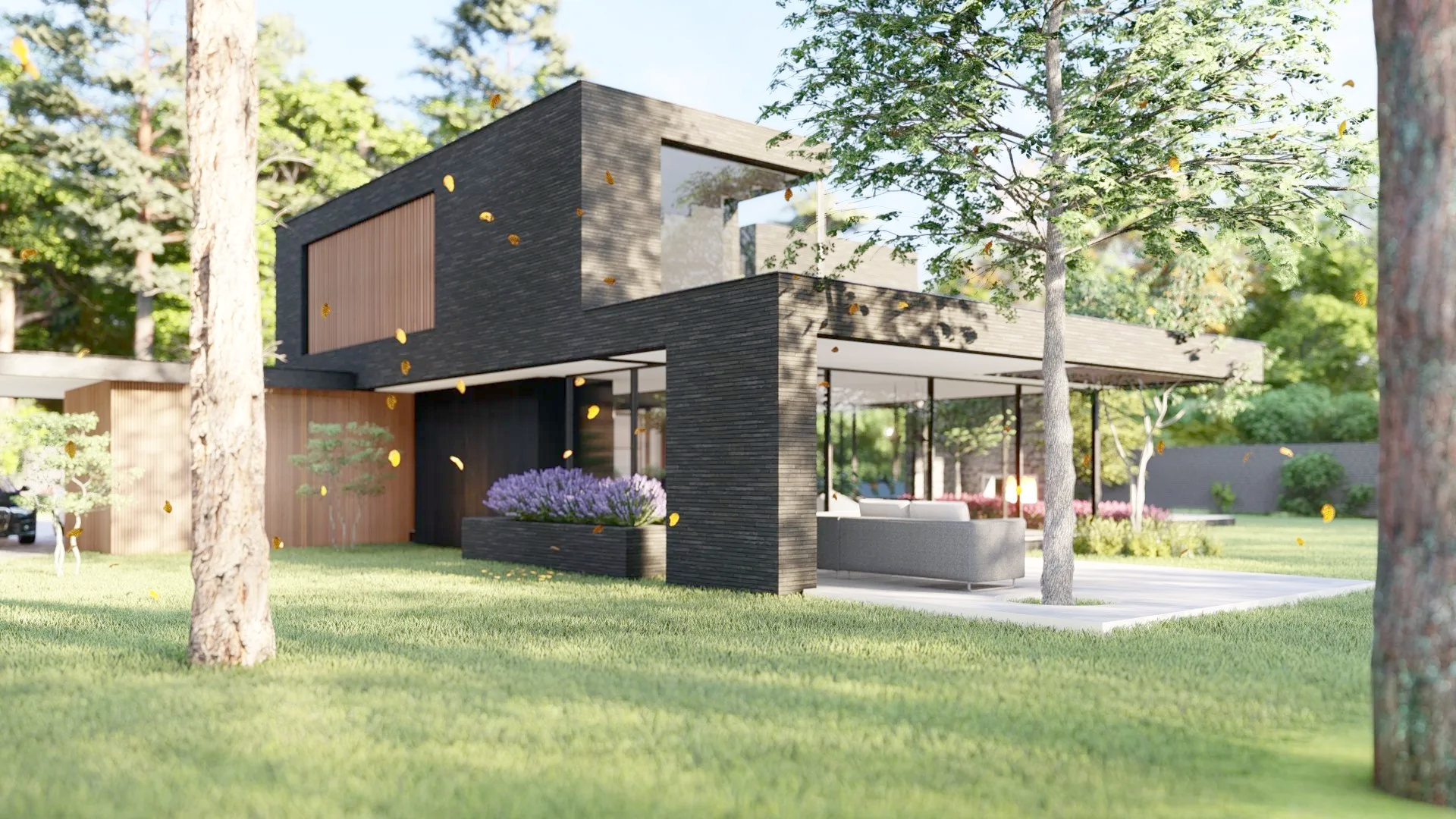 Een modern huis is omgeven door bomen en gras midden in een bos.