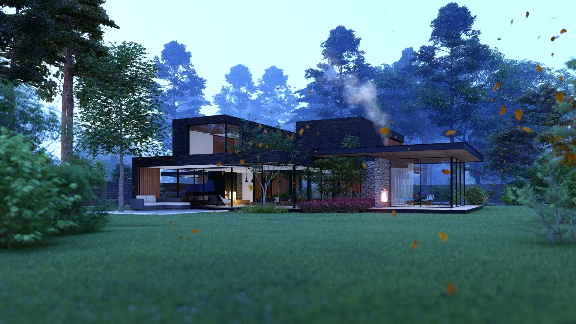 Een 3D-weergave van een modern huis midden in een bos 's nachts.