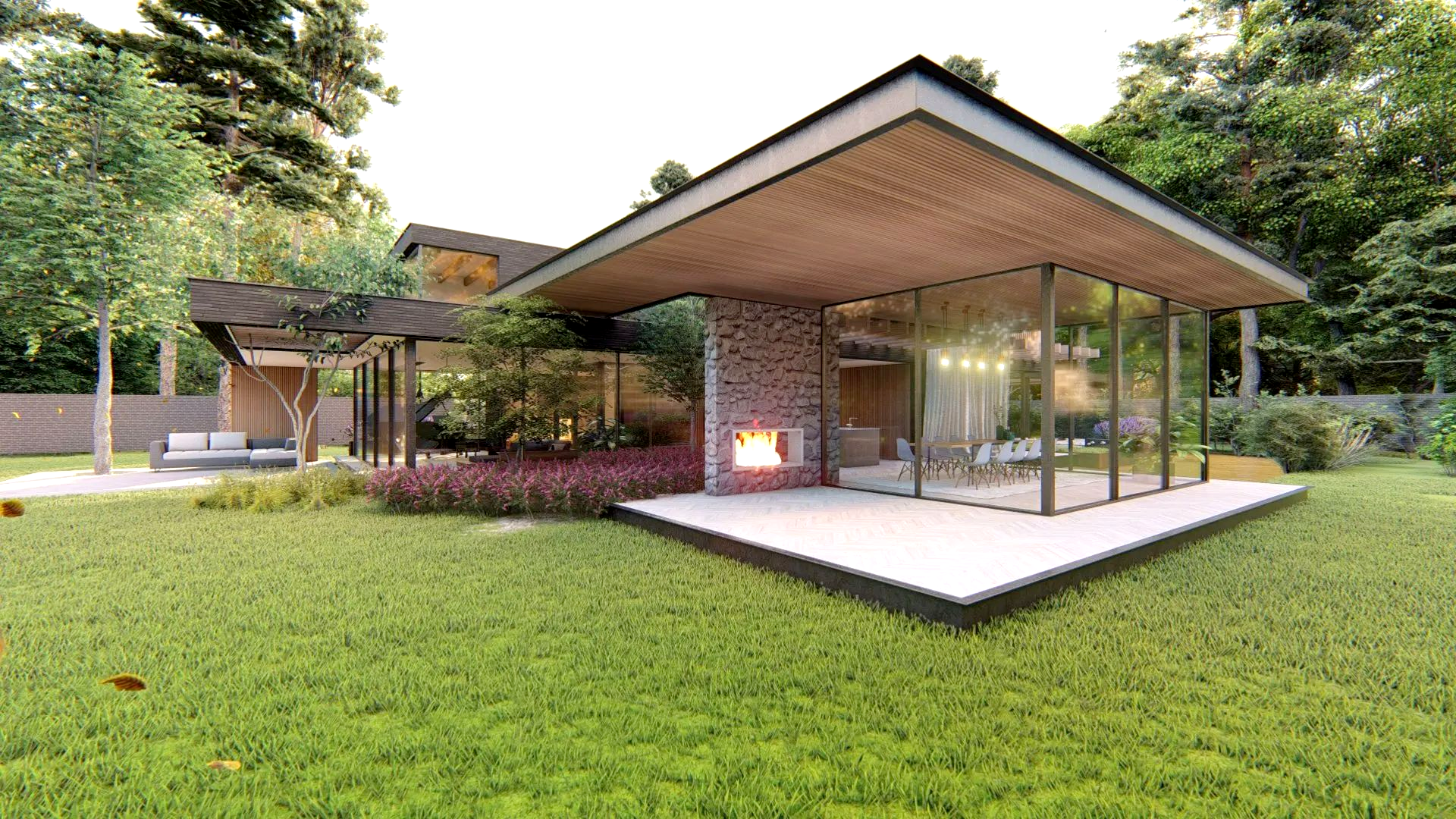 Een modern huis met een groot grasveld ervoor.