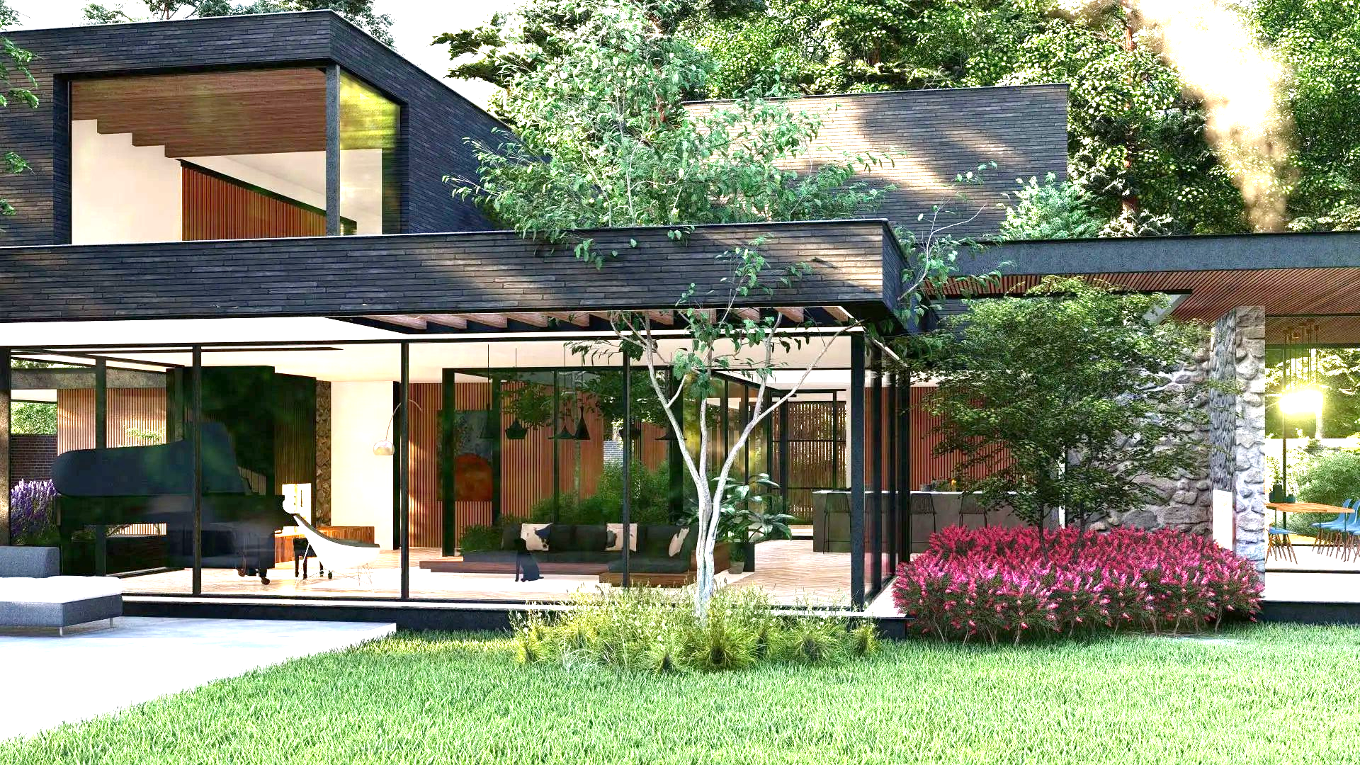 Een modern huis met een groot grasveld ervoor omgeven door bomen.