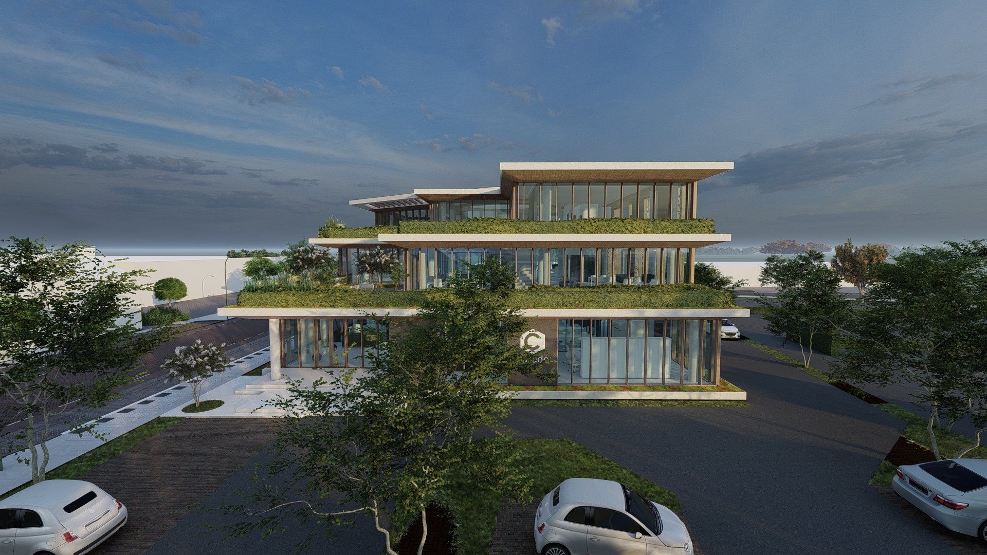 Een artist's impression van een gebouw met een groendak en auto's ervoor geparkeerd.