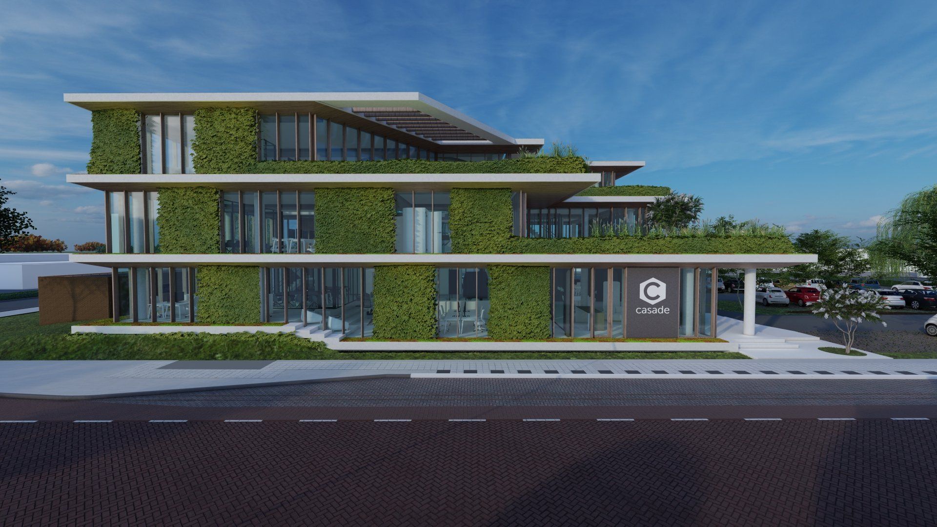 Een artist's impression van een gebouw met een groendak.