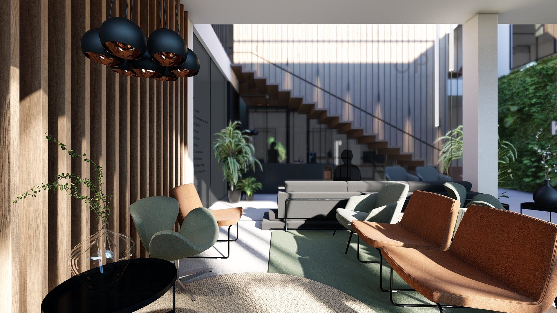 Een woonkamer met een bank, stoel, tafel en trap.