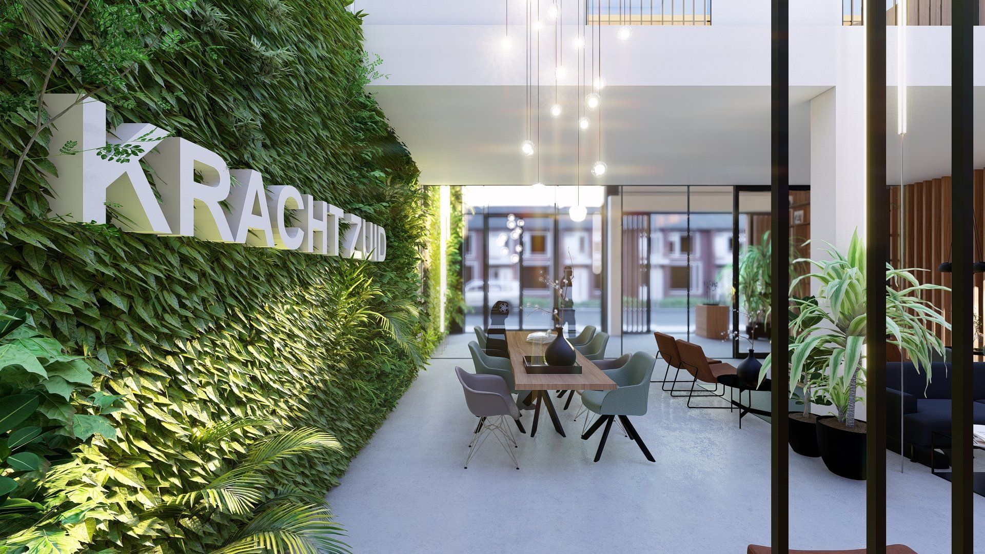 Een artist's impression van een gebouw met een groene muur en een bord dat kracht uitstraalt.