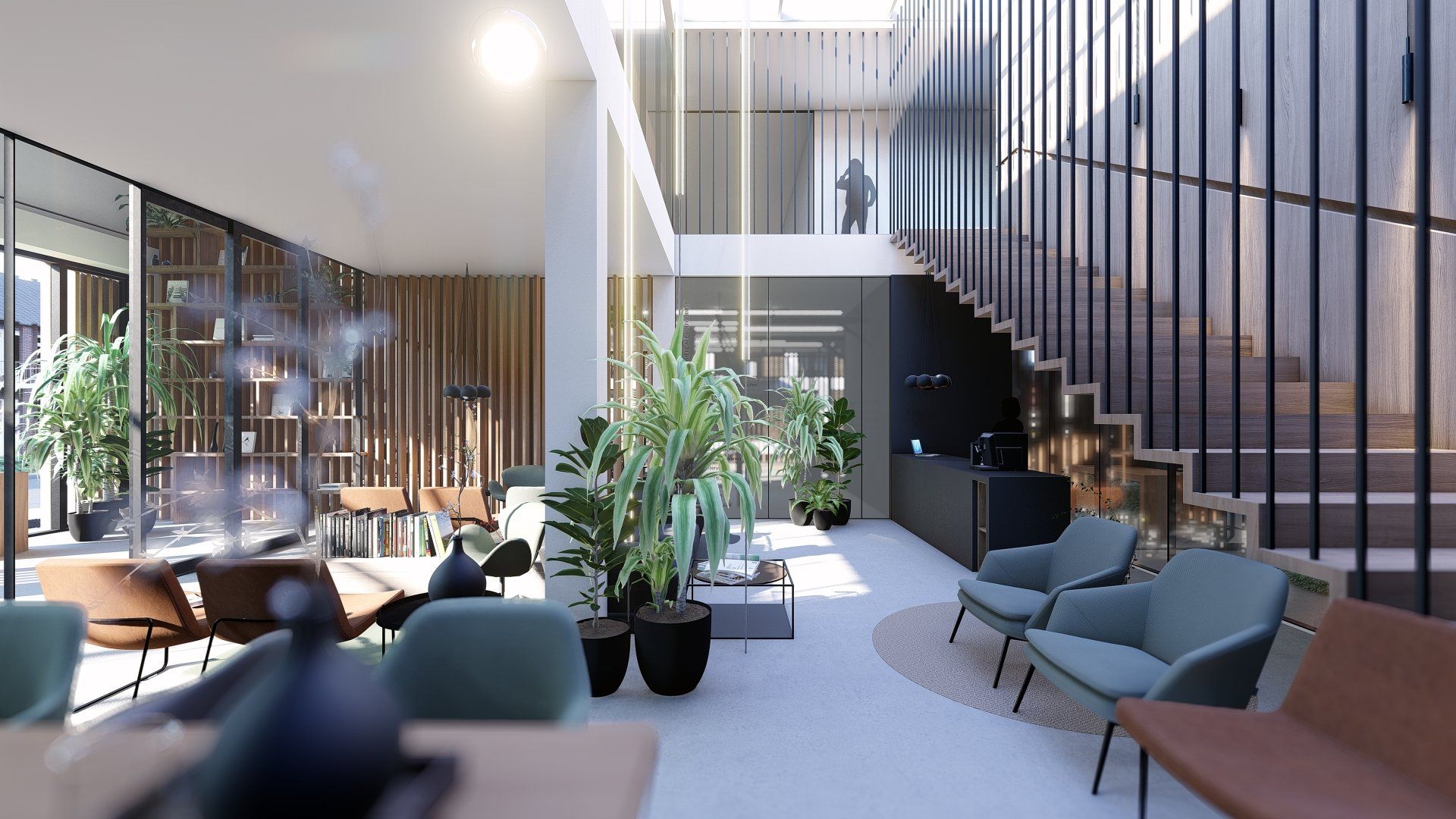 Een artist impression van het interieur van een gebouw