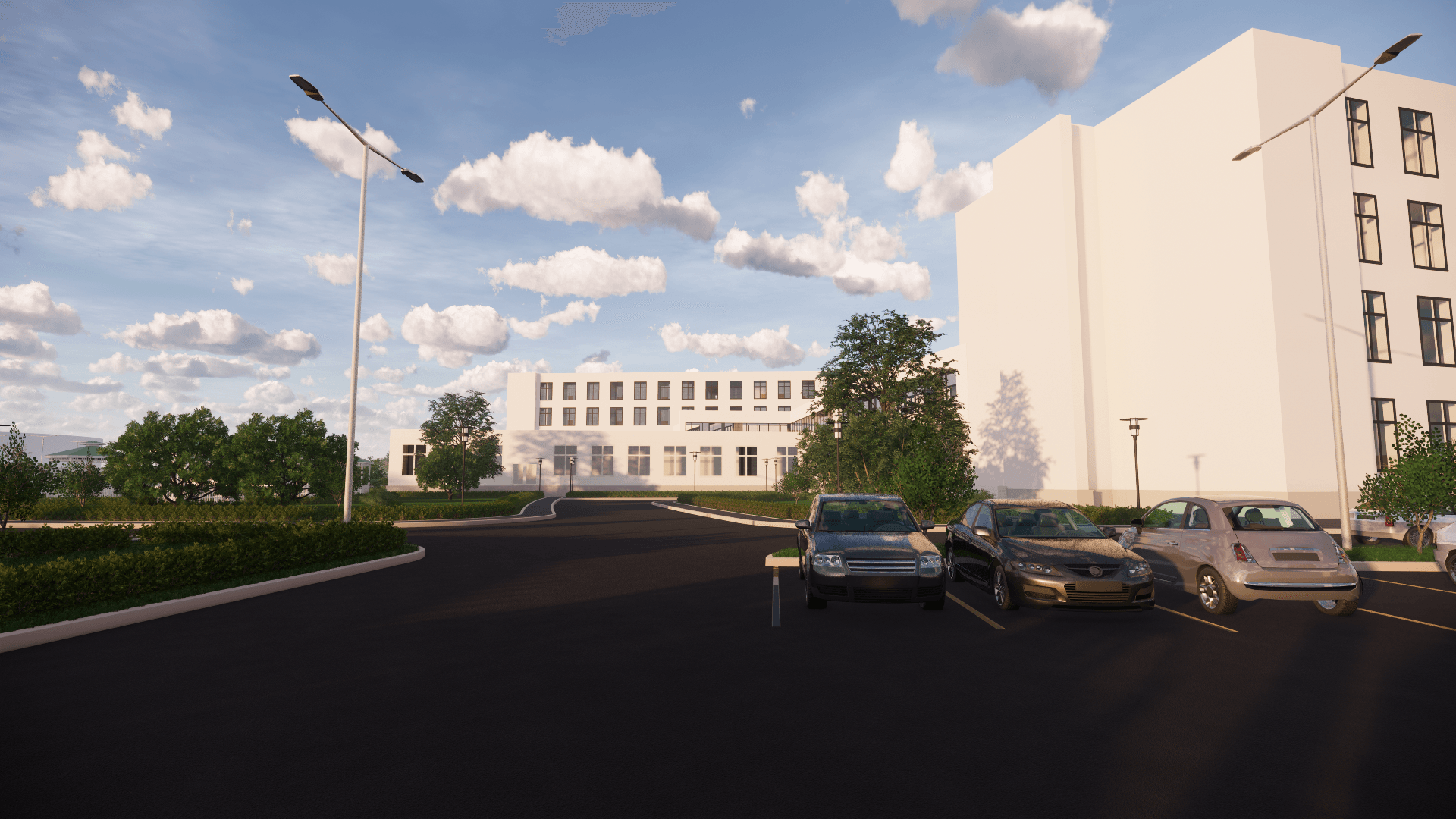 Een parkeerplaats met auto's geparkeerd voor een gebouw.