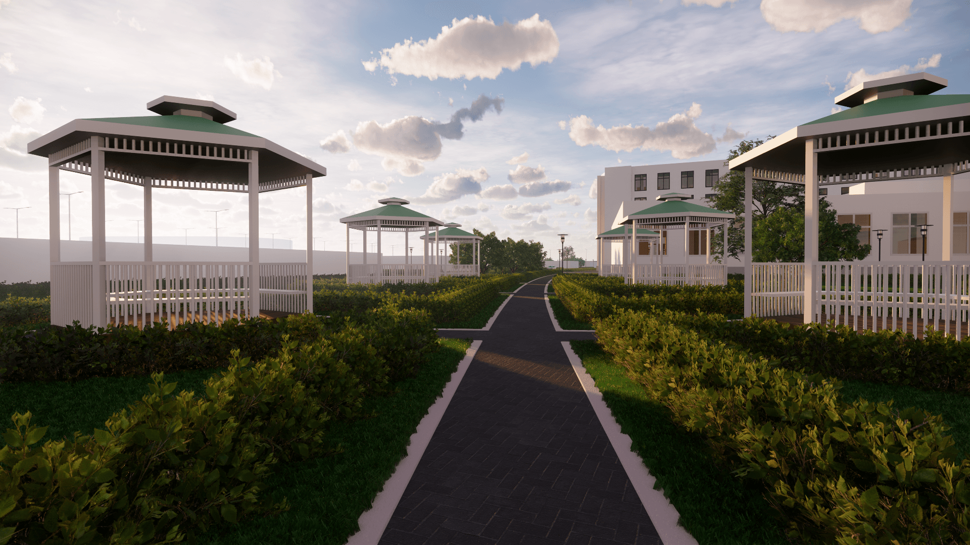 Een 3D-weergave van een park met tuinhuisjes en een pad.