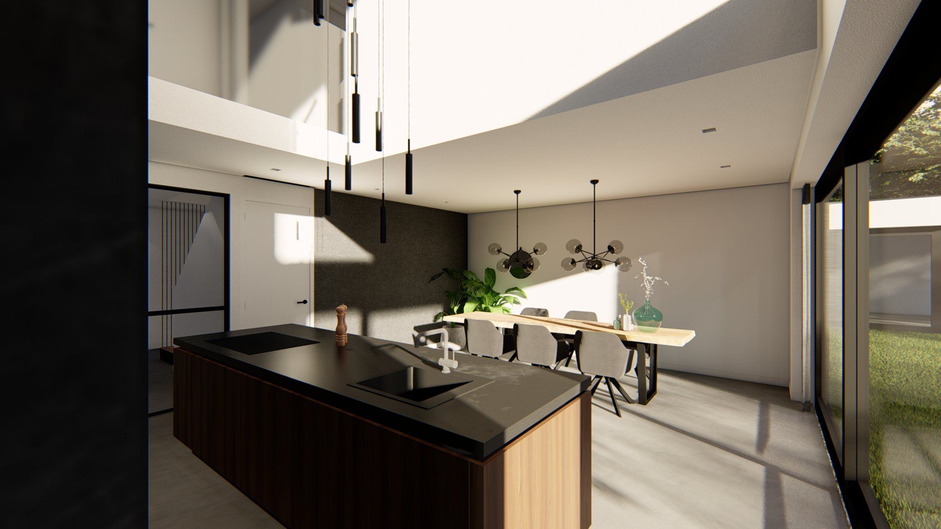 Een artistieke impressie van een keuken en eetkamer in een huis.