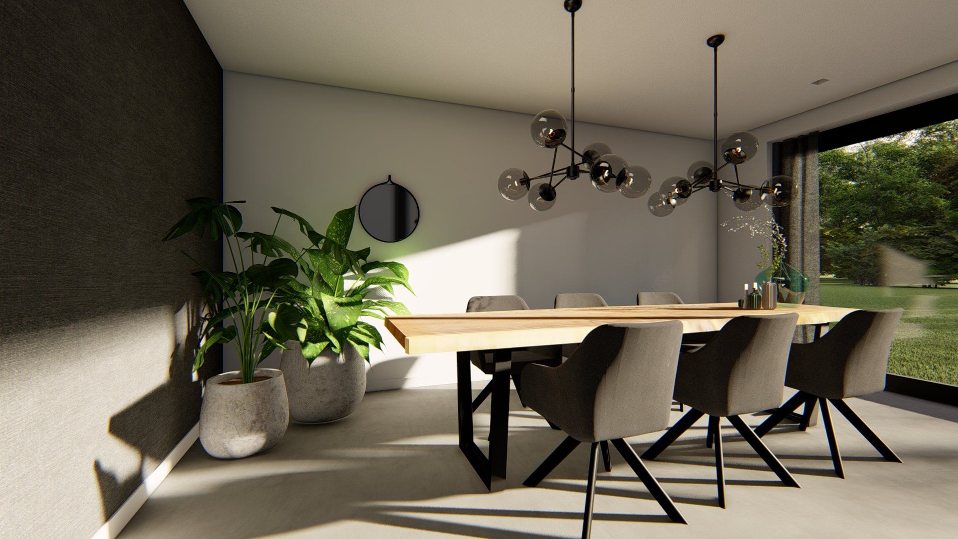 Een eetkamer met een tafel en stoelen en een groot raam.