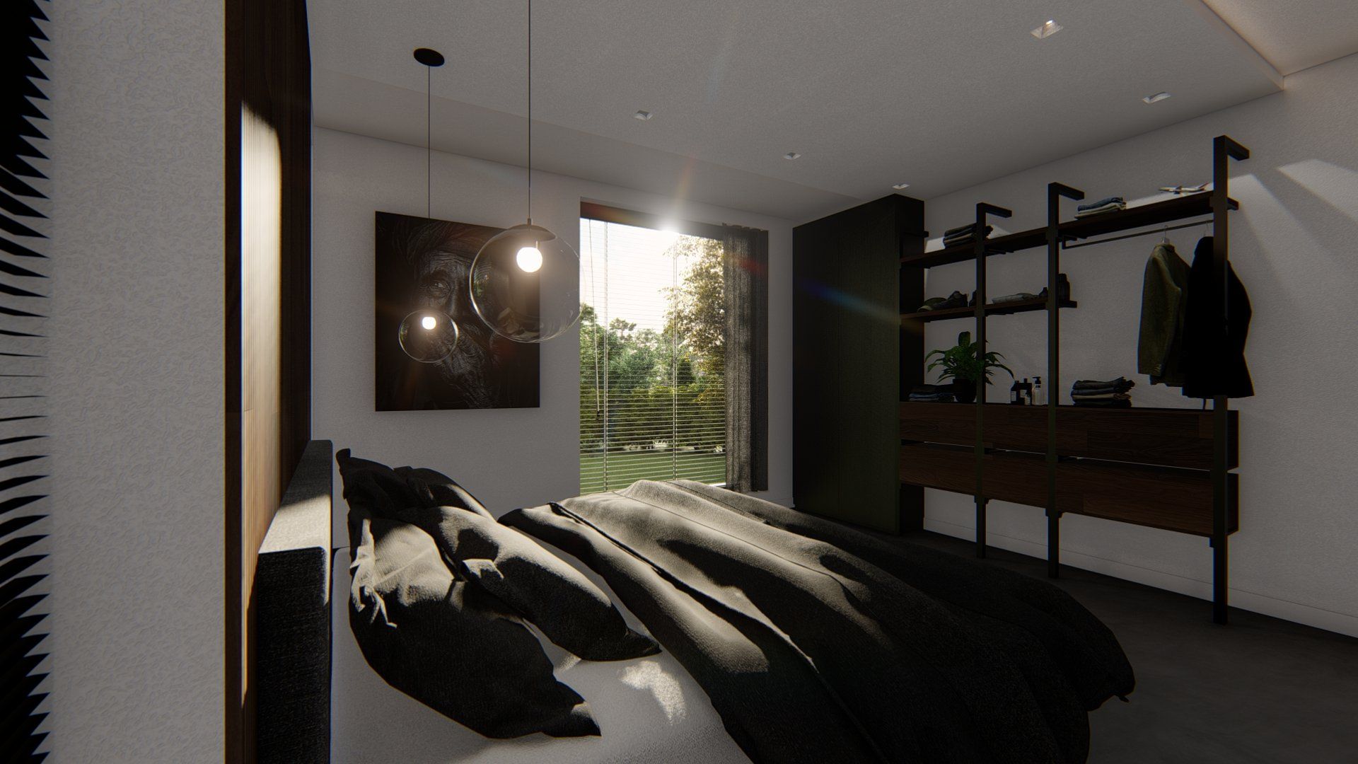 Een slaapkamer met een groot bed en een groot raam