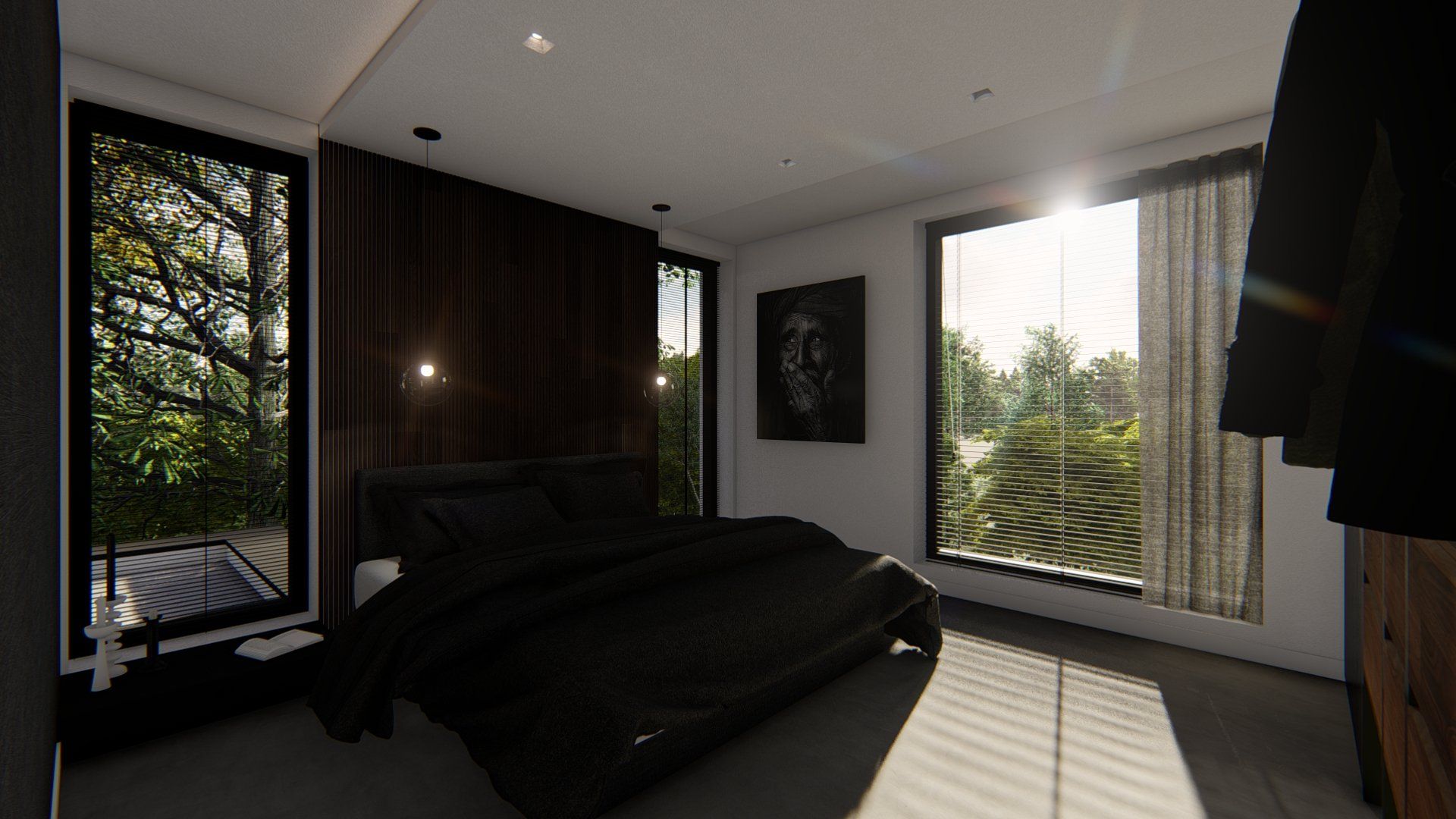 Een slaapkamer met een groot bed en veel ramen.