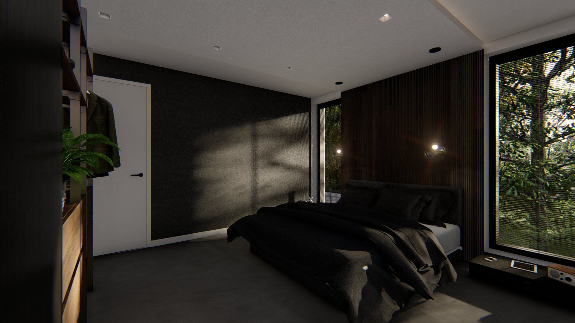 Een slaapkamer met een groot bed en een groot raam.