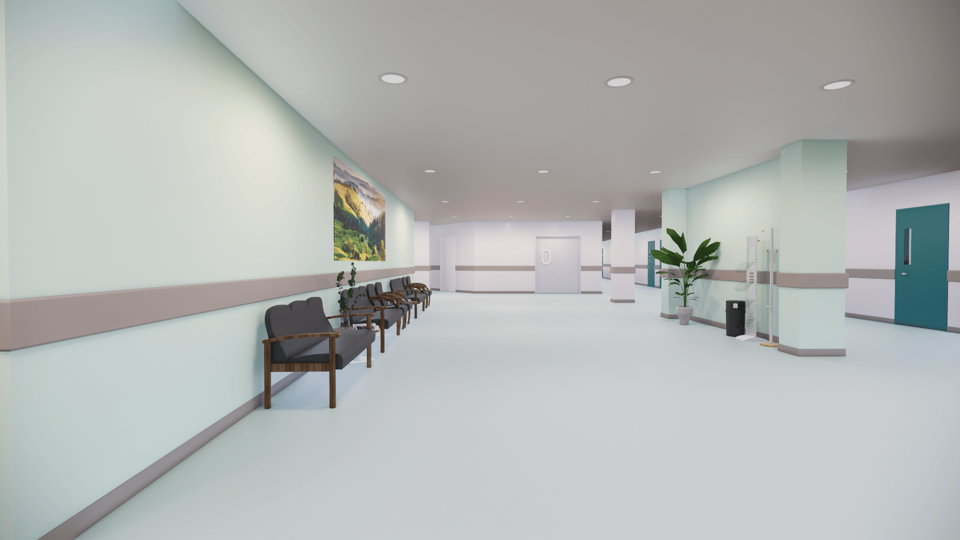Een ziekenhuisgang met stoelen en een schilderij aan de muur.