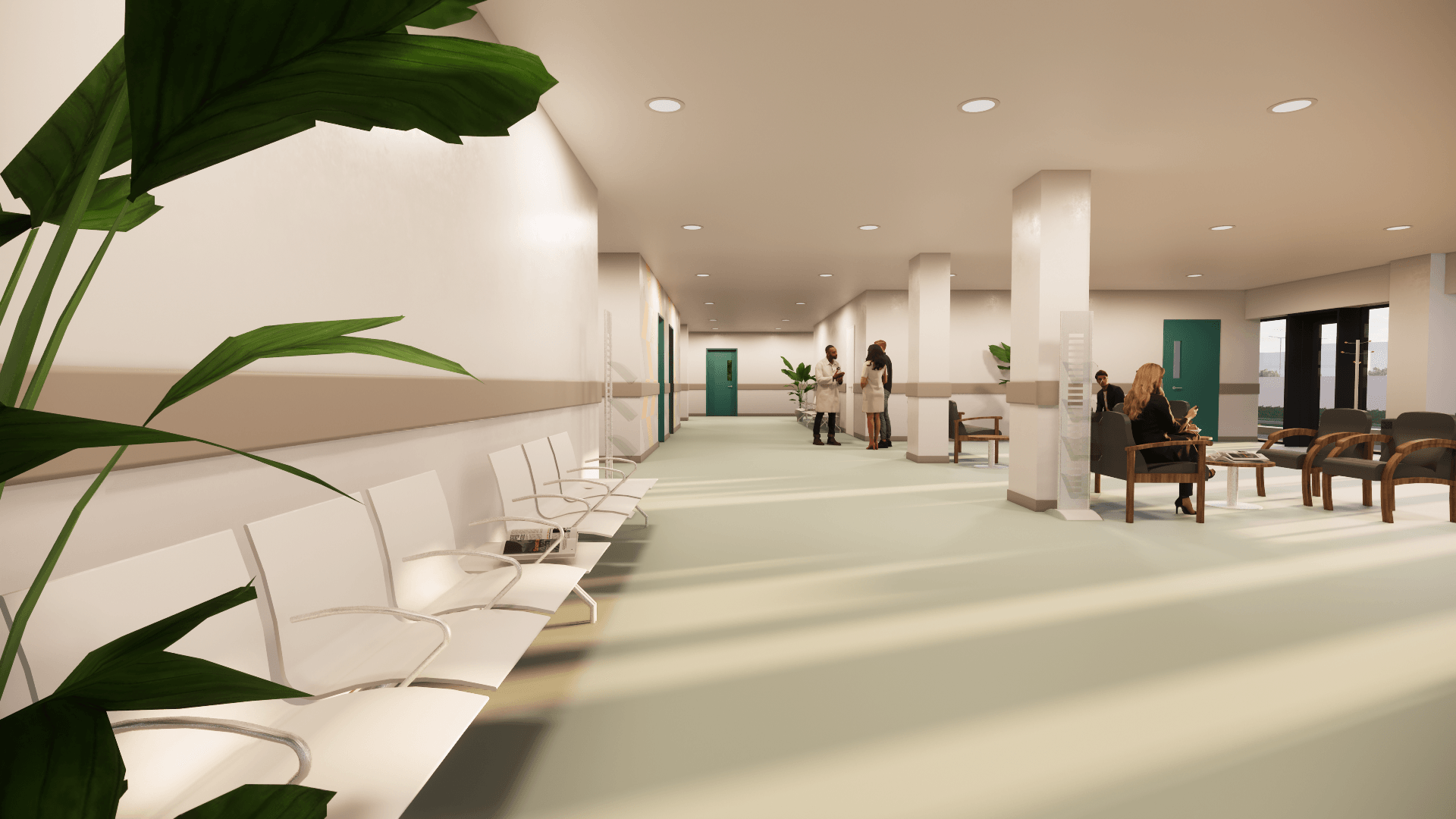Een artist's impression van een wachtkamer van een ziekenhuis met een plant op de voorgrond.