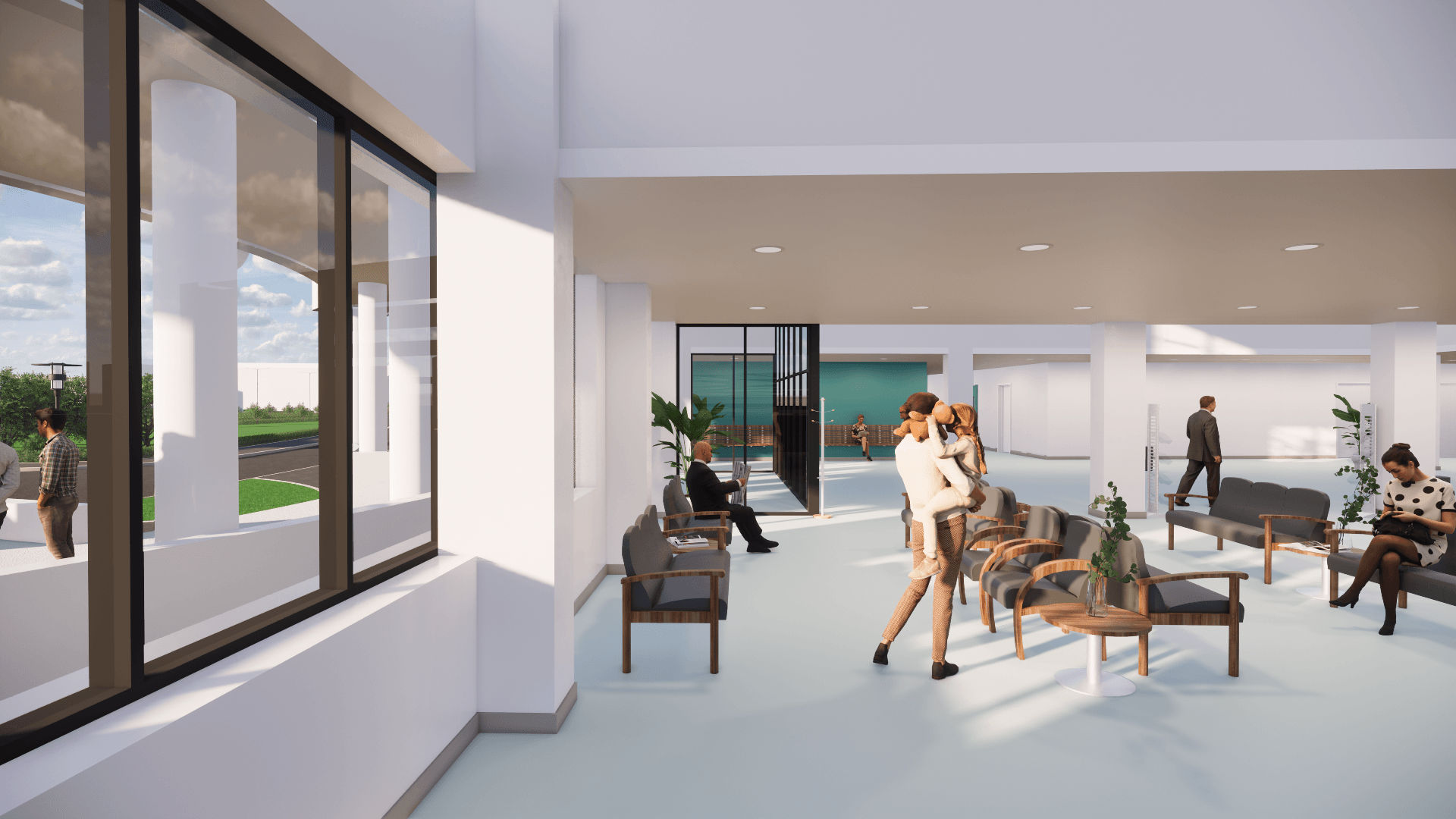 Een artist's impression van een wachtkamer met zittende en staande mensen.