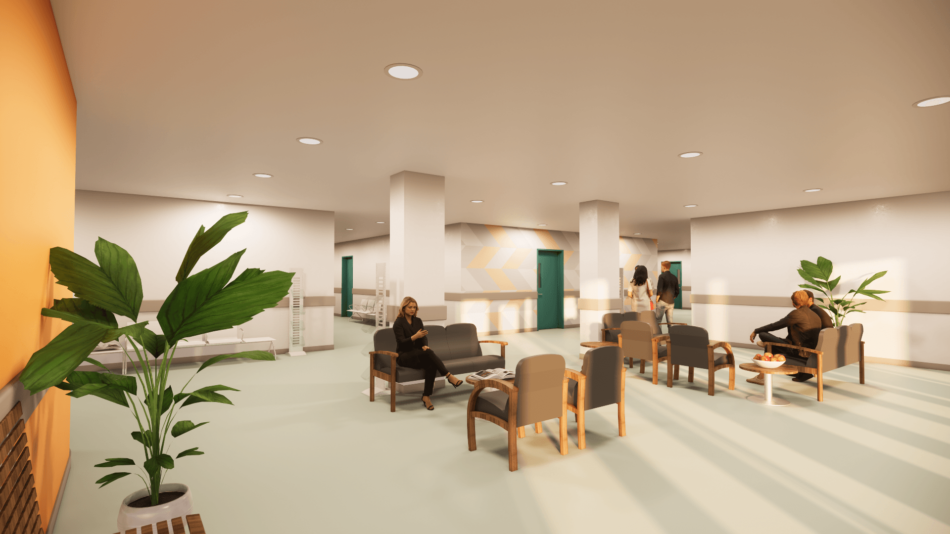 Een artist's impression van de wachtkamer van een ziekenhuis met mensen in stoelen.