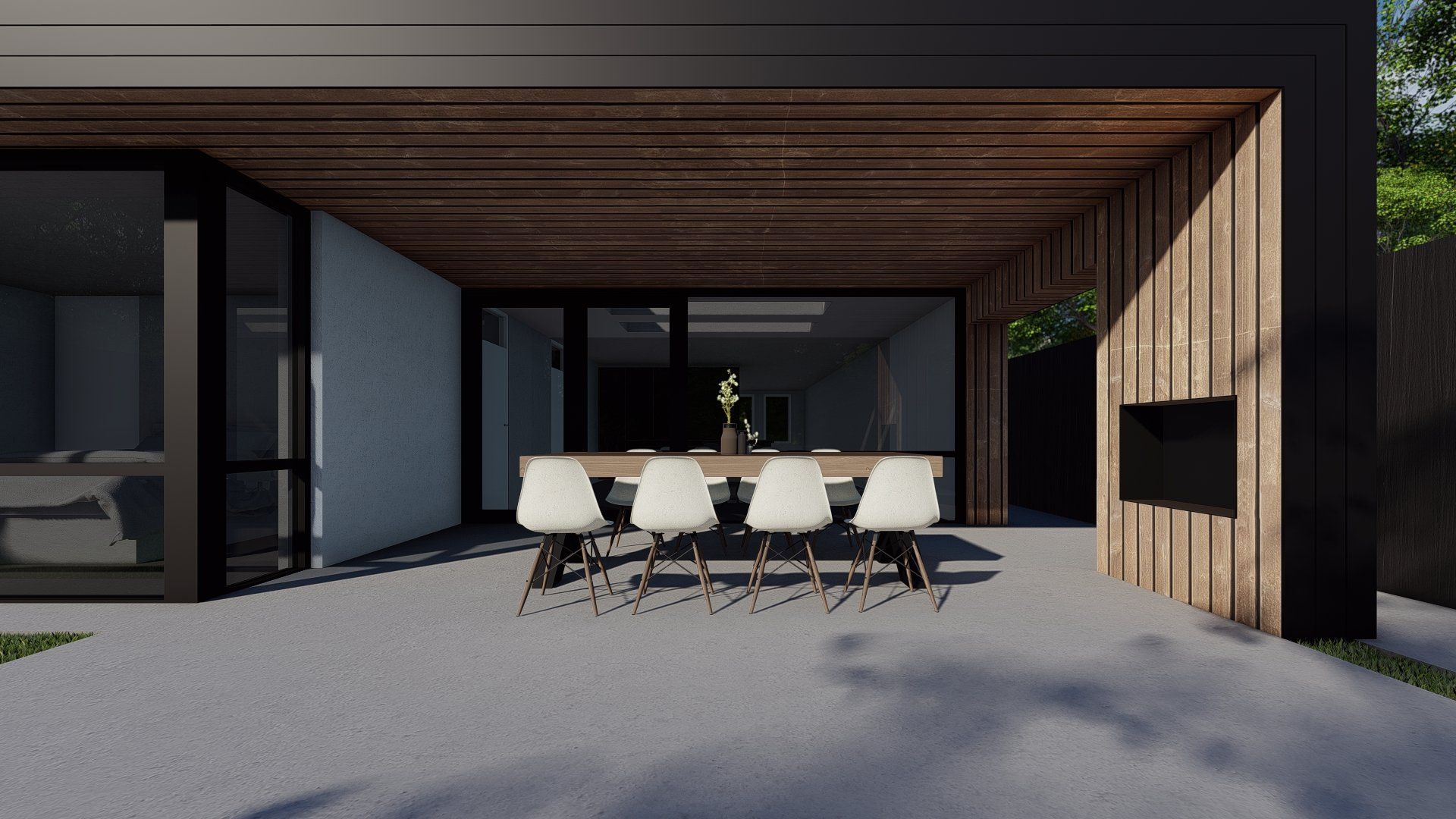Een artistieke impressie van een patio met tafel en stoelen.
