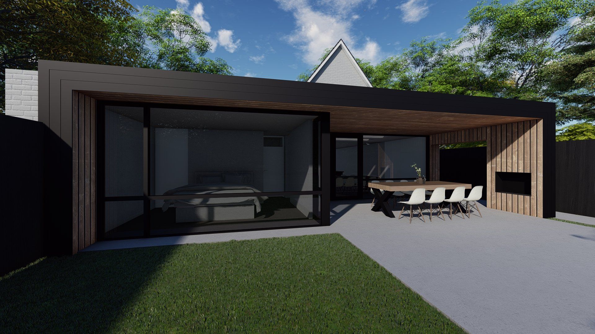 Een artistieke impressie van een modern huis met een grote glazen schuifdeur.